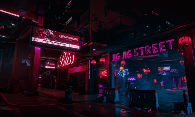 Cyberpunk 2077 sistem gereksinimleri rehberi için neon ışıklı gece şehri
