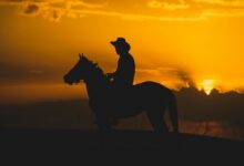 Red Dead Redemption 2 temalı gün batımında at üstünde kovboy silueti